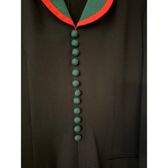 Vintage 80s Richard Warren Neiman Marcus Black Dress Green Red Trim Long Sleeve - Picture 2 of 8